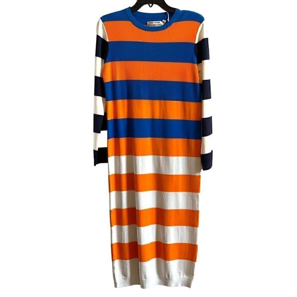 Tory Burch Sport Broad Stripe Tech Knit Dress Sz Small Galleria Blue Orange Midi - Picture 1 of 8